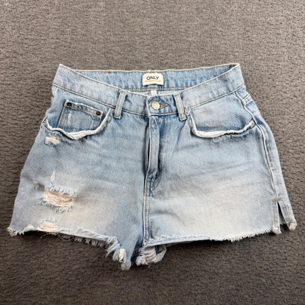 ONLY Denim Shorts Women's S Light Blue Distressed High Waist Raw Hem Slit